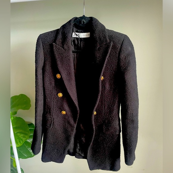 Zara Black Tweed Blazer With Gold Buttons Size XS - Picture 1 of 4